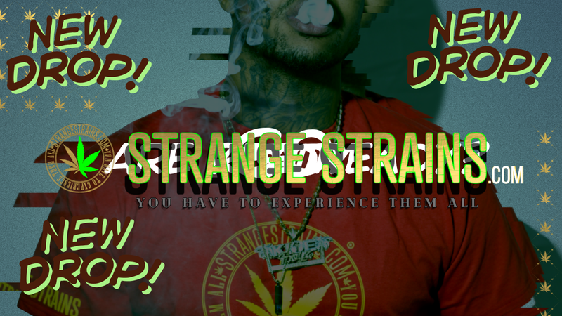 Strange strains 420 model in red shirt with the logo and yellow