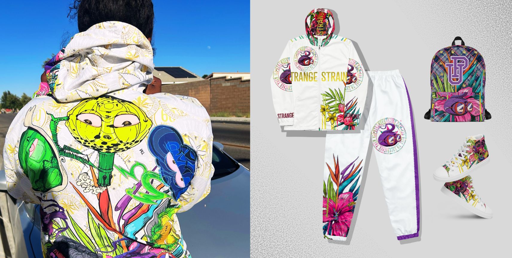 The Vault collection showcasing collectible Strange Strains 420 wearable art, coordinated fashion, premium apparel, shoes, and accessories.